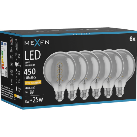 Mexen Vintis 6x Ampoule filament spirale LED E27, G95, 8W, Chaud - 2200K, 450 lm, fumé - L167-E27-0822-70x06