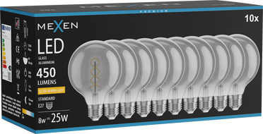 Mexen Vintis 10x ampoule filament spirale LED E27, G95, 8W, Chaude - 2200K, 450 lm, fumée - L167-E27-0822-70x10