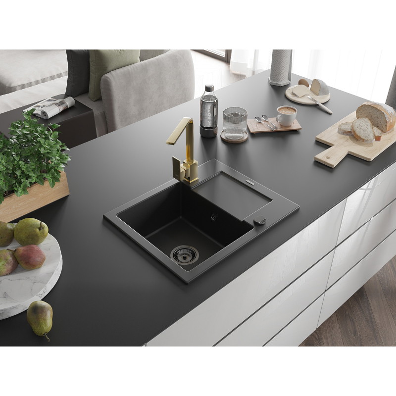 Mexen Enzo évier en granit 1 bac avec égouttoir et mitigeur Rita, noir - 6506-77-670300-50-B