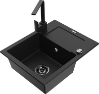 Mexen Enzo évier en granit 1 bac avec égouttoir et robinet de cuisine Rita, noir - 6506-77-670300-70-B