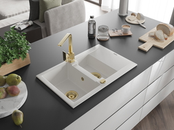 Mexen Gaspar évier en granit 1,5 bacs avec égouttoir et robinet de cuisine Rita, blanc - 6507-20-670300-50