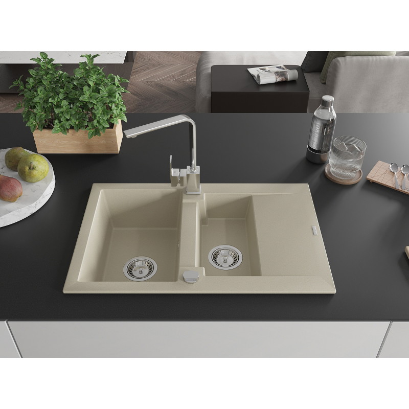 Mexen Gaspar évier en granit 1,5 bacs avec égouttoir et robinet de cuisine Rita, beige - 6507-69-670300-00