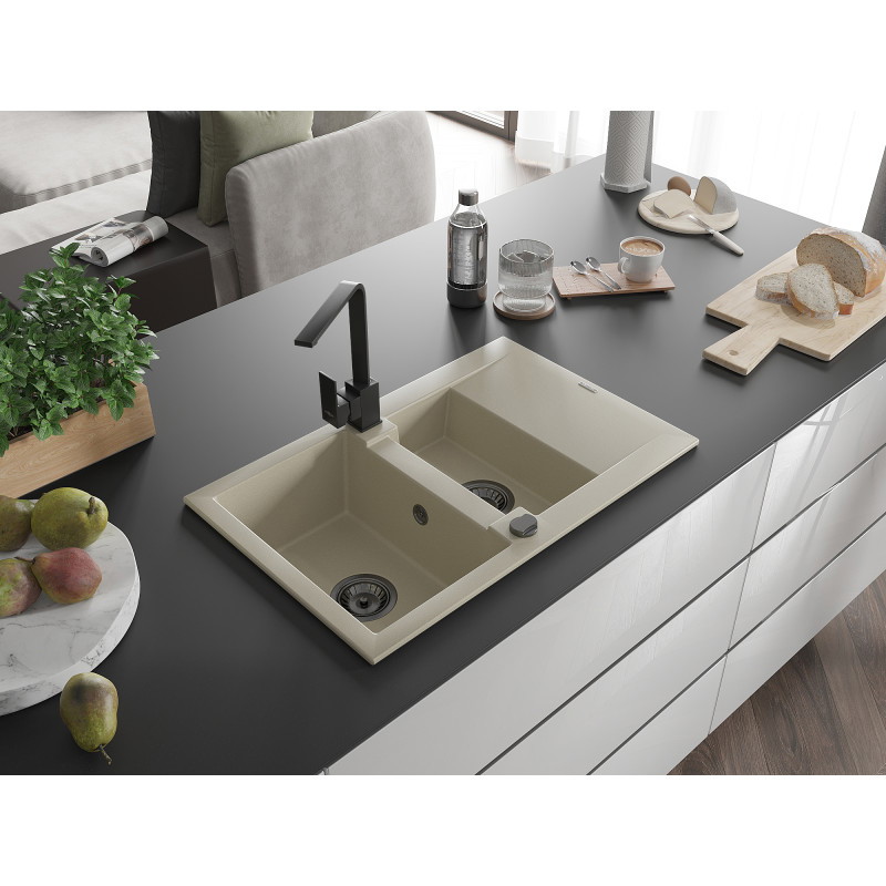 Mexen Gaspar évier en granit 1,5 bacs avec égouttoir et robinet de cuisine Rita, beige - 6507-69-670300-70