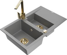 Mexen Gaspar évier en granit à 1,5 bac avec égouttoir et robinet de cuisine Rita, gris - 6507-71-670300-50