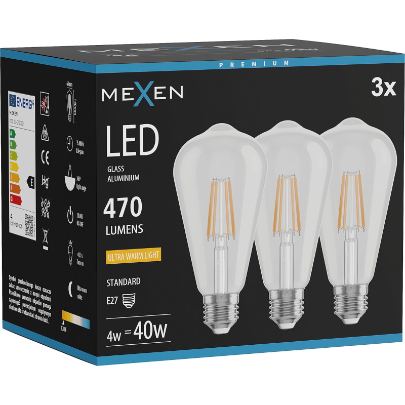 Mexen Vintis 3x Ampoule filament LED E27, ST64, 4W, Chaude - 2200K, 470 lm, transparente - L152-E27-0422-00x03