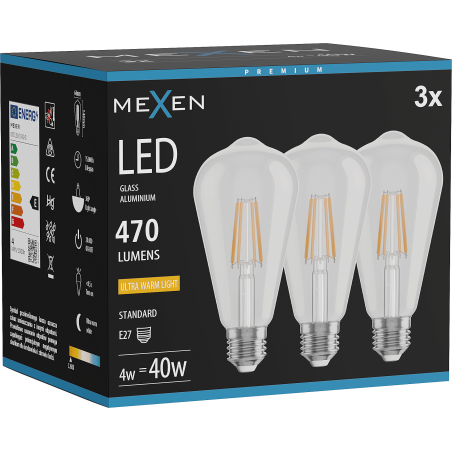 Mexen Vintis 3x Ampoule filament LED E27, ST64, 4W, Chaude - 2200K, 470 lm, transparente - L152-E27-0422-00x03