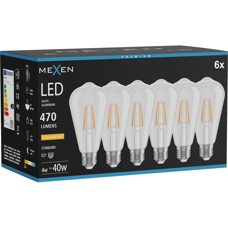 Mexen Vintis 6x Ampoule à filament LED E27, ST64, 4W, Chaude - 2200K, 470 lm, claire - L152-E27-0422-00x06