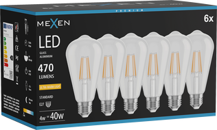 Mexen Vintis 6x Ampoule à filament LED E27, ST64, 4W, Chaude - 2200K, 470 lm, claire - L152-E27-0422-00x06