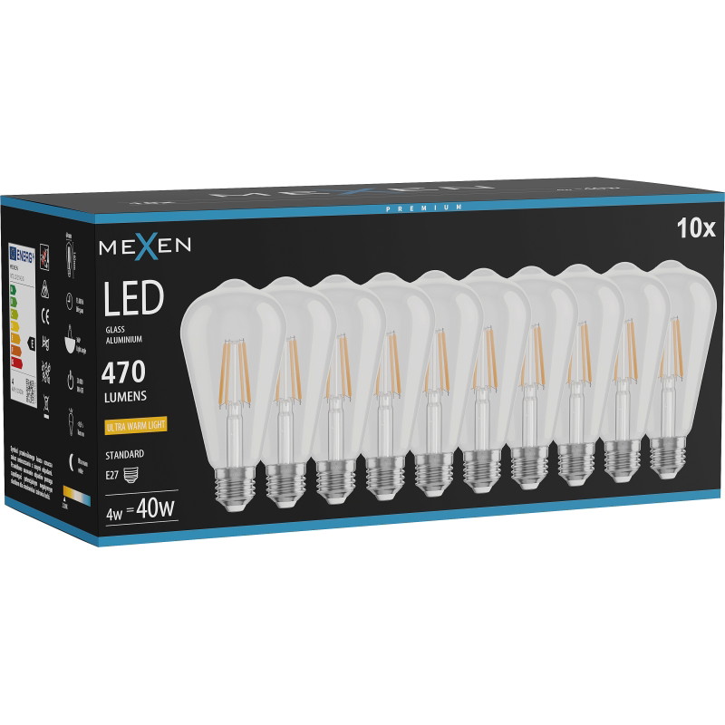 Mexen Vintis 10x Ampoule filament LED E27, ST64, 4W, Chaude - 2200K, 470 lm, claire - L152-E27-0422-00x10