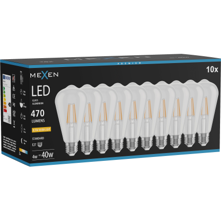 Mexen Vintis 10x Ampoule filament LED E27, ST64, 4W, Chaude - 2200K, 470 lm, claire - L152-E27-0422-00x10