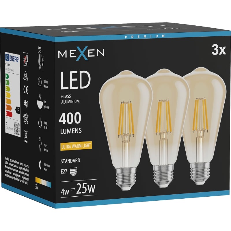 Mexen Vintis 3x Ampoule à filament LED E27, ST64, 4W, Chaude - 2200K, 400 lm, ambre - L152-E27-0422-50x03