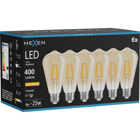Mexen Vintis 6x Ampoule filament LED E27, ST64, 4W, Chaude - 2200K, 400 lm, ambre - L152-E27-0422-50x06