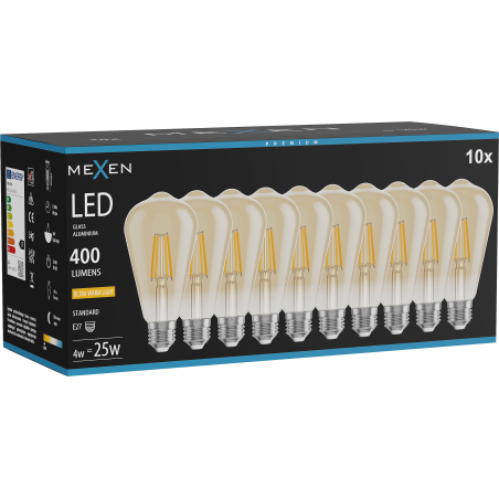 Mexen Vintis 10x Ampoule à filament LED E27, ST64, 4W, Chaude - 2200K, 400 lm, ambre - L152-E27-0422-50x10