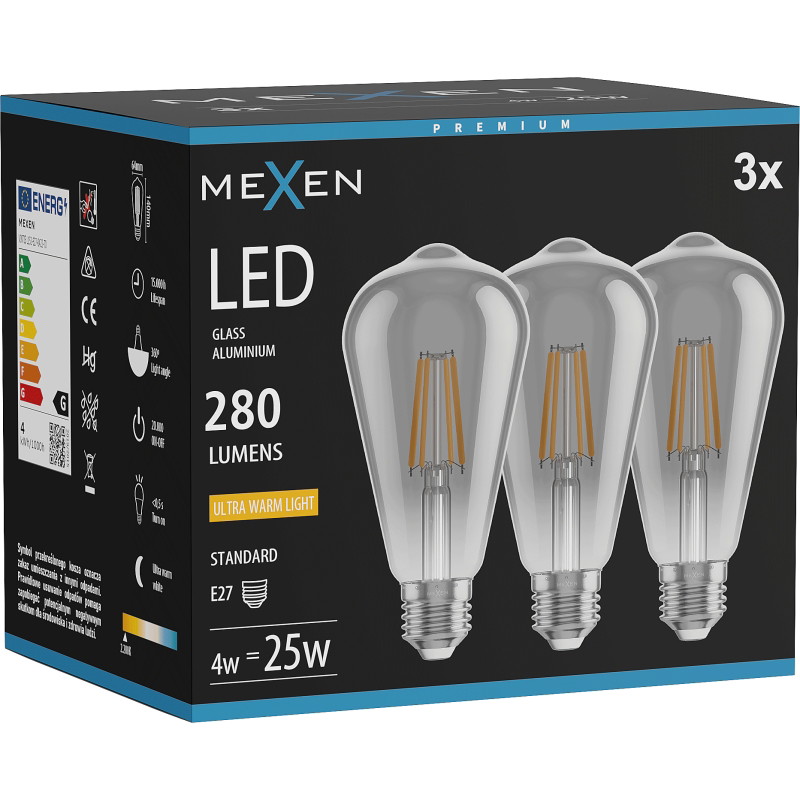 Mexen Vintis 3x Ampoule filament LED E27, ST64, 4W, Chaude - 2200K, 300 lm, fumée - L152-E27-0422-70x03