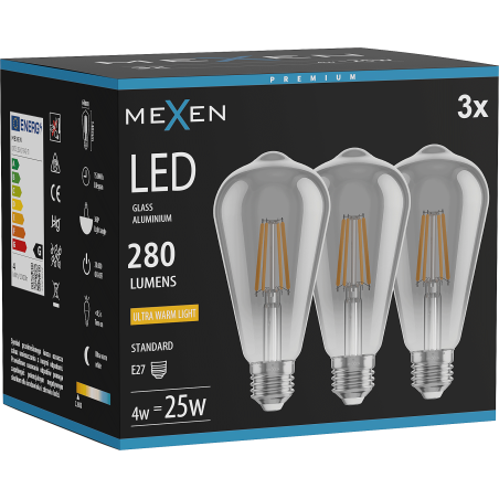 Mexen Vintis 3x Ampoule filament LED E27, ST64, 4W, Chaude - 2200K, 300 lm, fumée - L152-E27-0422-70x03