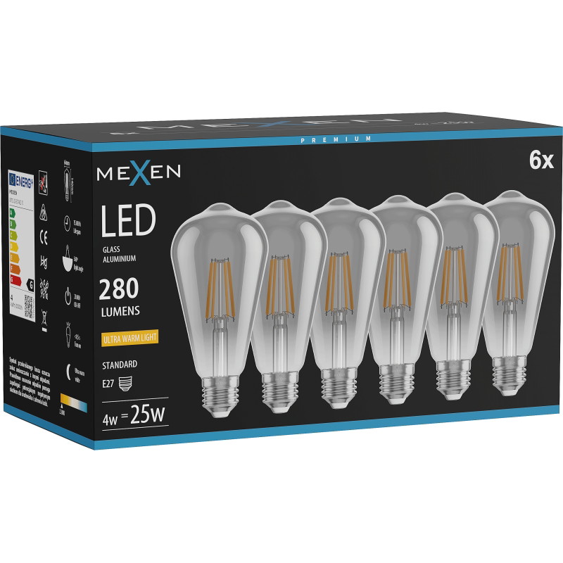 Mexen Vintis 6x Ampoule filament LED E27, ST64, 4W, Chaude - 2200K, 300 lm, fumée - L152-E27-0422-70x06