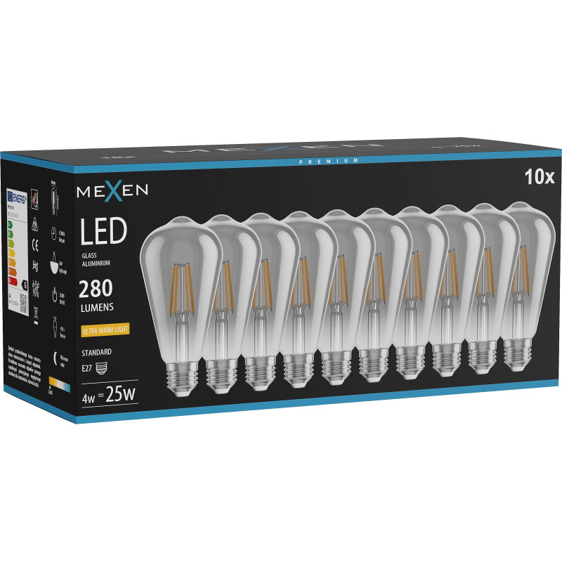 Mexen Vintis 10x Ampoule à filament LED E27, ST64, 4W, Chaude - 2200K, 300 lm, fumée - L152-E27-0422-70x10