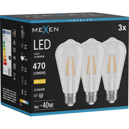 Mexen Vintis 3x Ampoule à filament LED E27, ST64, 4W, Chaude - 2700K, 470 lm, claire - L152-E27-0427-00x03