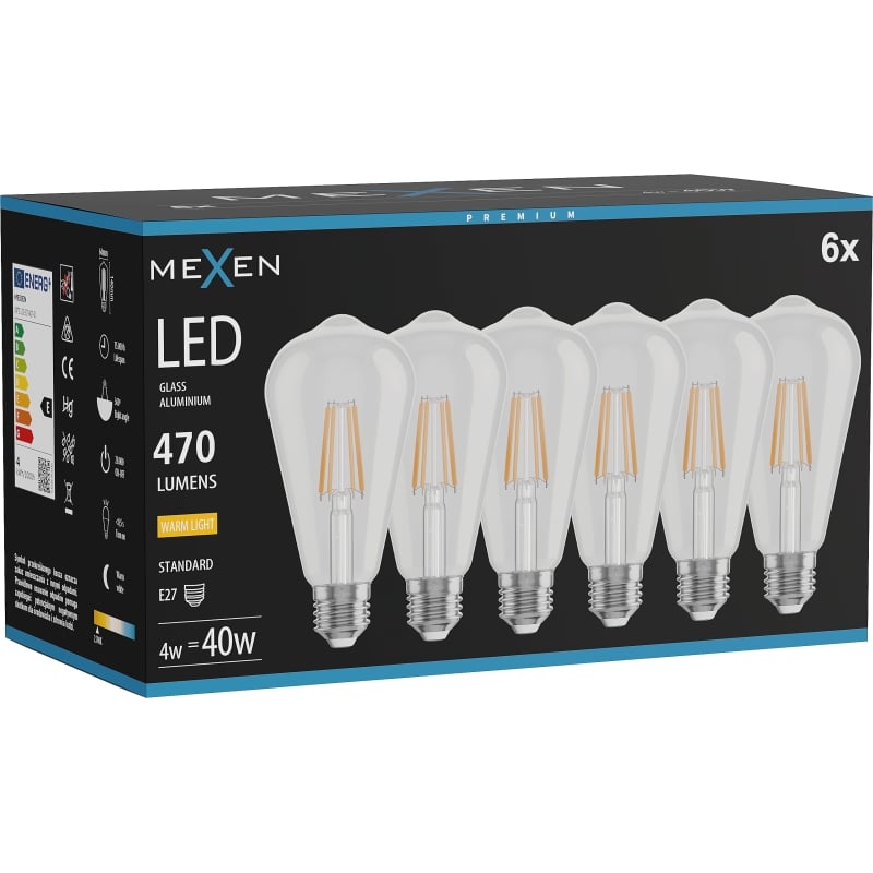 Mexen Vintis 6x Ampoule filament LED E27, ST64, 4W, Chaude - 2700K, 470 lm, claire - L152-E27-0427-00x06