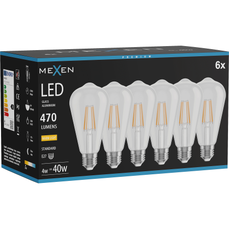 Mexen Vintis 6x Ampoule filament LED E27, ST64, 4W, Chaude - 2700K, 470 lm, claire - L152-E27-0427-00x06
