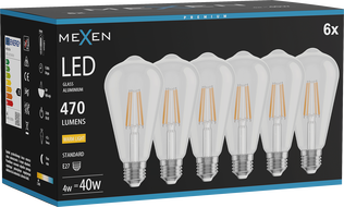 Mexen Vintis 6x Ampoule filament LED E27, ST64, 4W, Chaude - 2700K, 470 lm, claire - L152-E27-0427-00x06