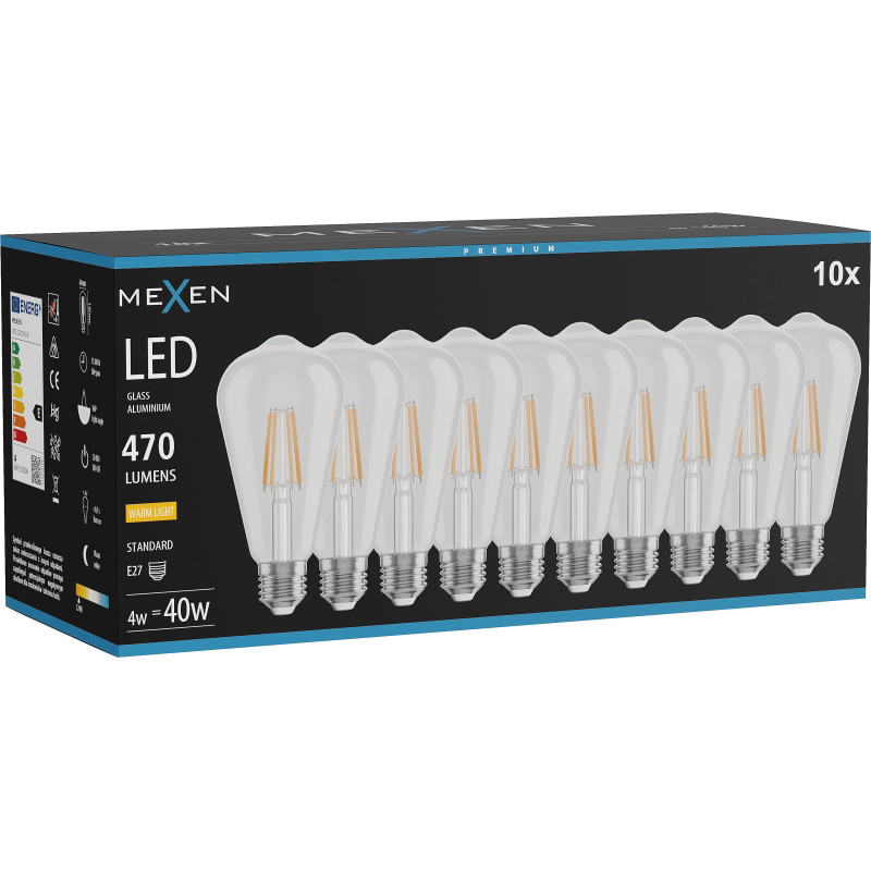 Mexen Vintis 10x Ampoule filament LED E27, ST64, 4W, Chaude - 2700K, 470 lm, transparent - L152-E27-0427-00x10