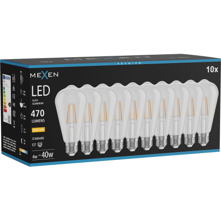 Mexen Vintis 10x Ampoule filament LED E27, ST64, 4W, Chaude - 2700K, 470 lm, transparent - L152-E27-0427-00x10