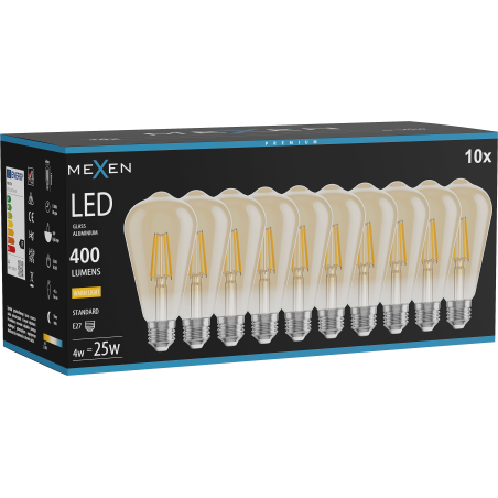 Mexen Vintis 10x Ampoule à filament LED E27, ST64, 4W, Chaud - 2700K, 400 lm, ambre - L152-E27-0427-50x10