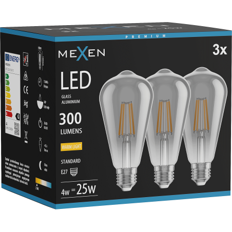 Mexen Vintis 3x Ampoule filament LED E27, ST64, 4W, Chaude - 2700K, 300 lm, fumée - L152-E27-0427-70x03