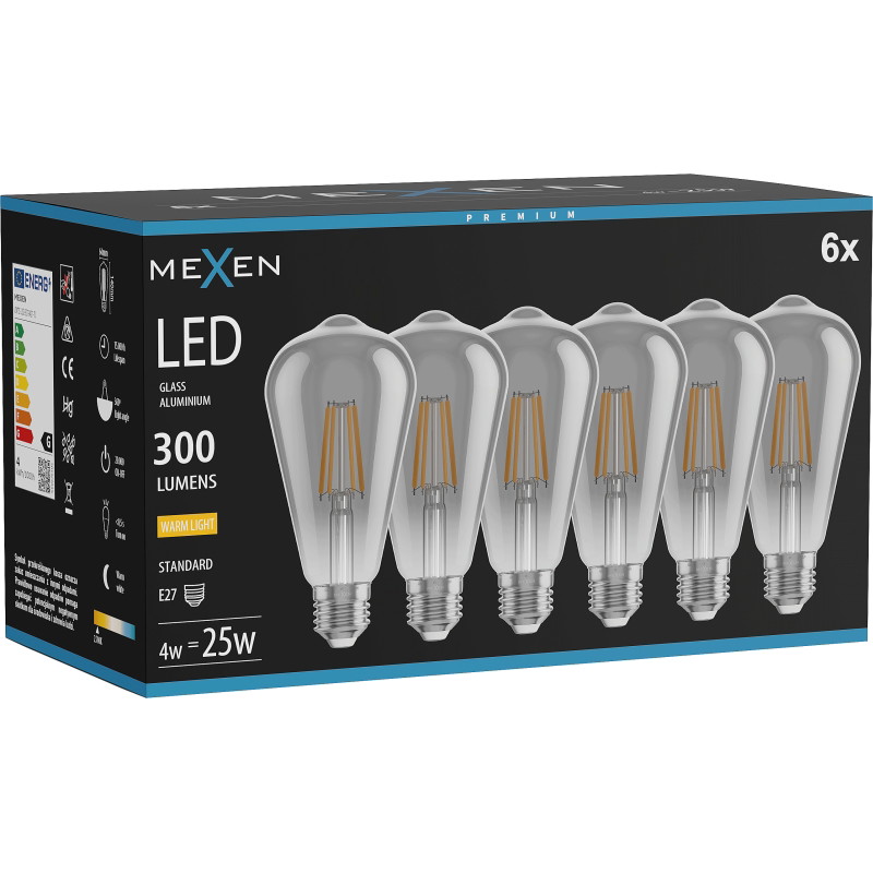 Mexen Vintis 6x Ampoule filament LED E27, ST64, 4W, Chaude - 2700K, 300 lm, fumée - L152-E27-0427-70x06