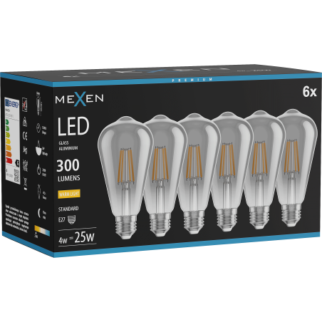 Mexen Vintis 6x Ampoule filament LED E27, ST64, 4W, Chaude - 2700K, 300 lm, fumée - L152-E27-0427-70x06