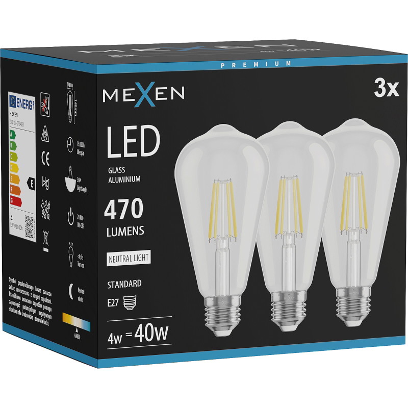 Mexen Vintis 3x Ampoule à filament LED E27, ST64, 4W, Neutre - 4000K, 470 lm, clair - L152-E27-0440-00x03
