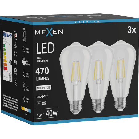 Mexen Vintis 3x Ampoule à filament LED E27, ST64, 4W, Neutre - 4000K, 470 lm, clair - L152-E27-0440-00x03