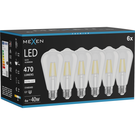 Mexen Vintis 6x Ampoule filament LED E27, ST64, 4W, Neutre - 4000K, 470 lm, claire - L152-E27-0440-00x06