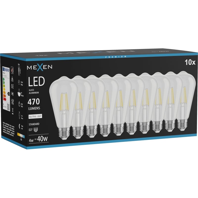 Mexen Vintis 10x Ampoule filament LED E27, ST64, 4W, Neutre - 4000K, 470 lm, transparent - L152-E27-0440-00x10