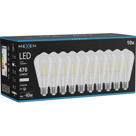 Mexen Vintis 10x Ampoule filament LED E27, ST64, 4W, Neutre - 4000K, 470 lm, transparent - L152-E27-0440-00x10