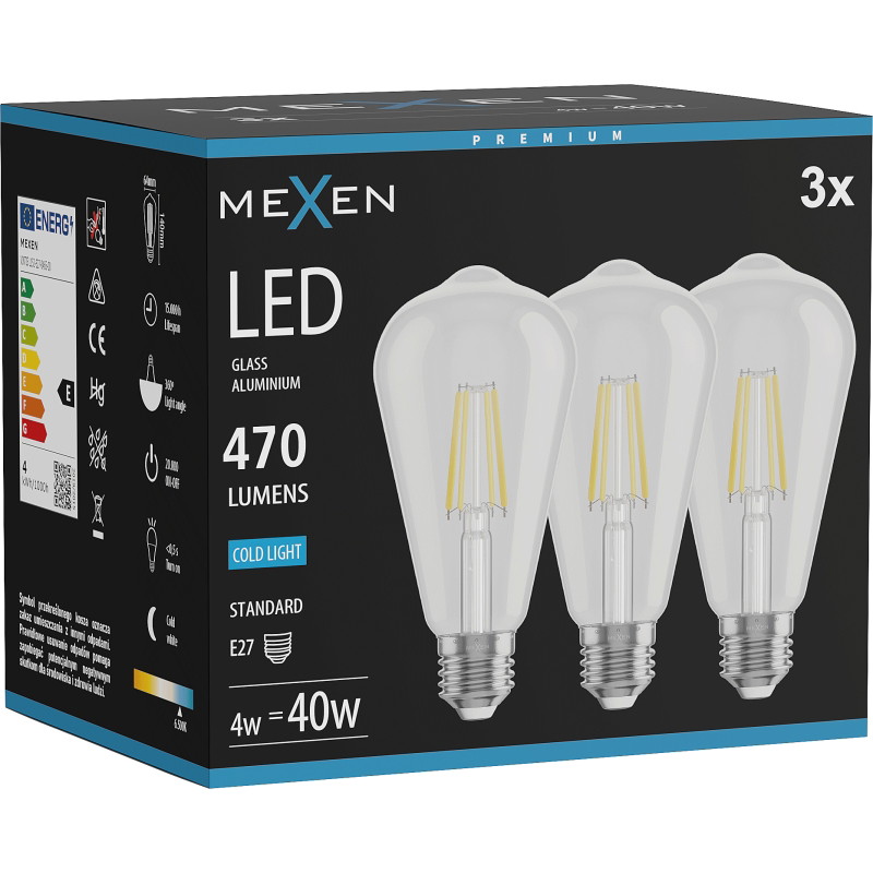 Mexen Vintis 3x Ampoule à filament LED E27, ST64, 4W, Froid - 6500K, 470 lm, clair - L152-E27-0465-00x03