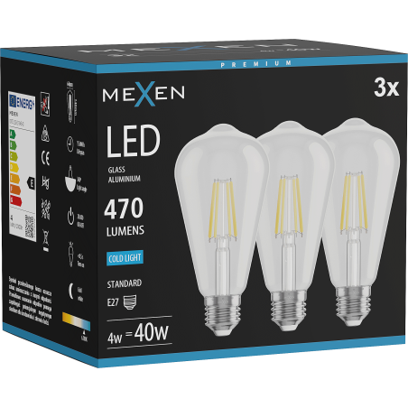 Mexen Vintis 3x Ampoule à filament LED E27, ST64, 4W, Froid - 6500K, 470 lm, clair - L152-E27-0465-00x03