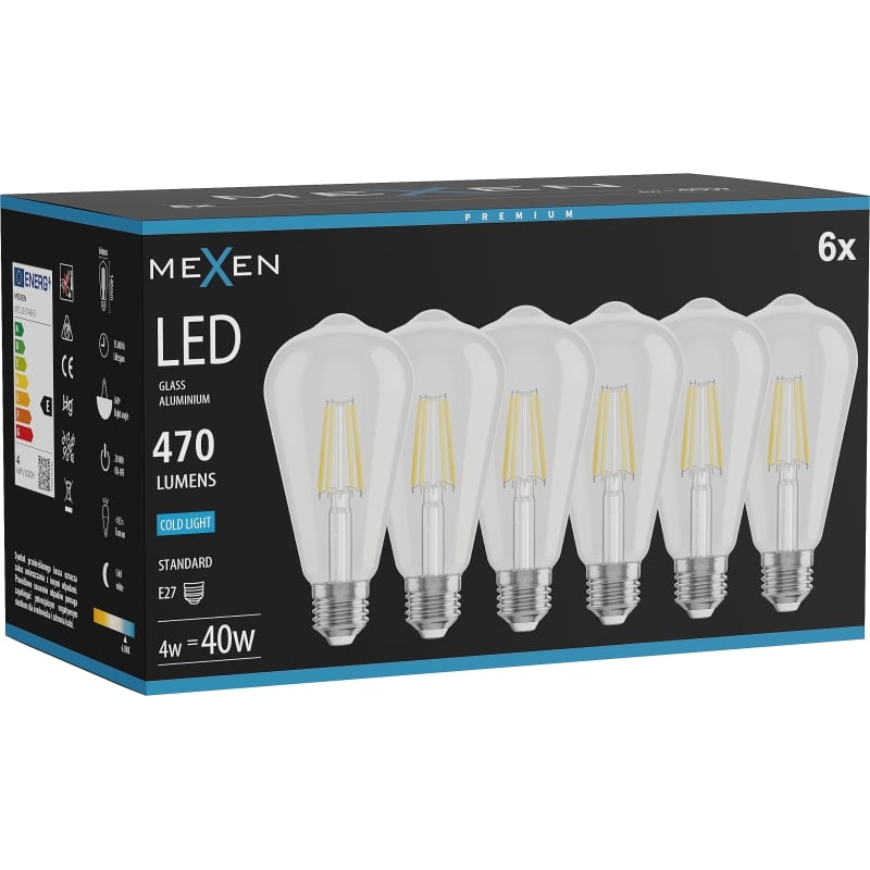 Mexen Vintis 6x Ampoule filament LED E27, ST64, 4W, Froid - 6500K, 470 lm, claire - L152-E27-0465-00x06