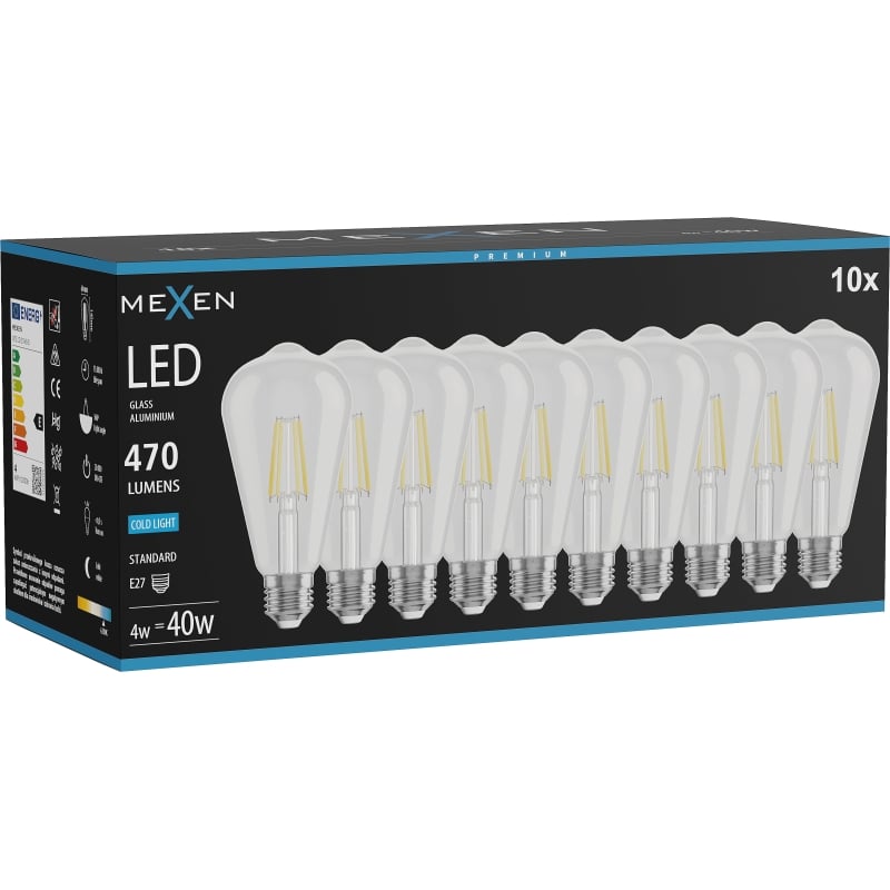 Mexen Vintis 10x Ampoule LED à filament E27, ST64, 4W, Froid - 6500K, 470 lm, clair - L152-E27-0465-00x10
