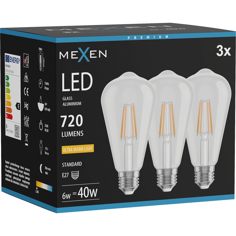 Mexen Vintis 3x Ampoule à filament LED E27, ST64, 6W, Chaud - 2200K, 720 lm, clair - L152-E27-0622-00x03