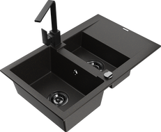 Mexen Gaspar évier en granit 1,5 bac avec égouttoir et mitigeur de cuisine Rita, noir/or - 6507-75-670300-70-B