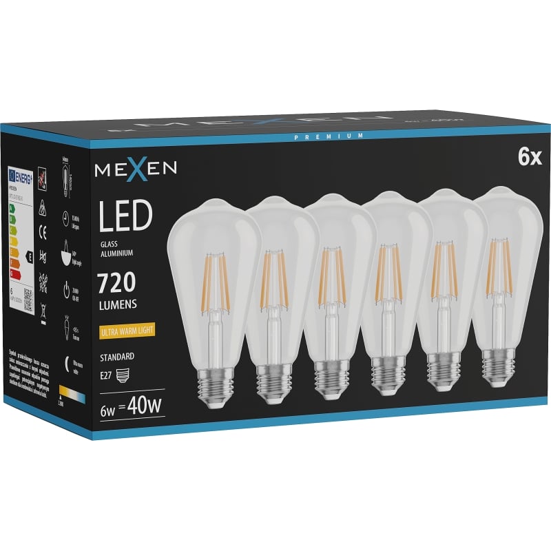Mexen Vintis 6x Ampoule filament LED E27, ST64, 6W, Chaude - 2200K, 720 lm, clair - L152-E27-0622-00x06