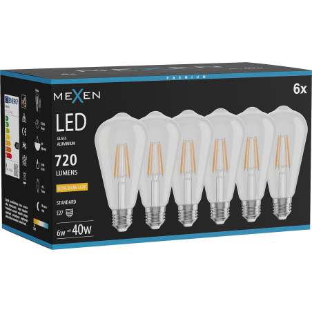 Mexen Vintis 6x Ampoule filament LED E27, ST64, 6W, Chaude - 2200K, 720 lm, clair - L152-E27-0622-00x06