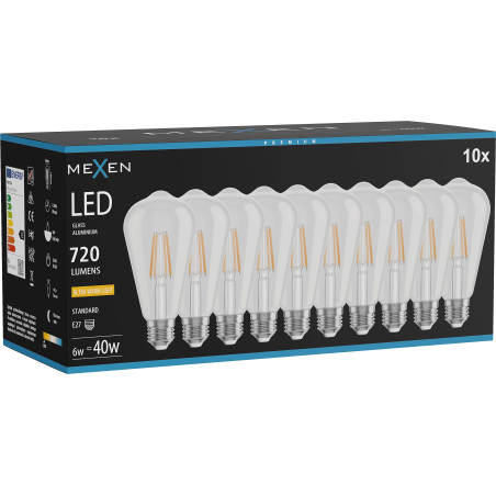 Mexen Vintis 10x Ampoule à filament LED E27, ST64, 6W, Chaude - 2200K, 720 lm, transparente - L152-E27-0622-00x10