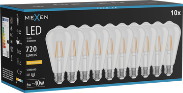 Mexen Vintis 10x Ampoule à filament LED E27, ST64, 6W, Chaude - 2200K, 720 lm, transparente - L152-E27-0622-00x10
