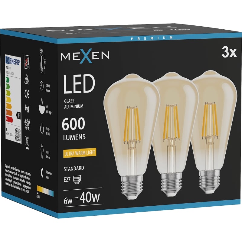 Mexen Vintis 3x Ampoule filament LED E27, ST64, 6W, Chaude - 2200K, 600 lm, ambre - L152-E27-0622-50x03