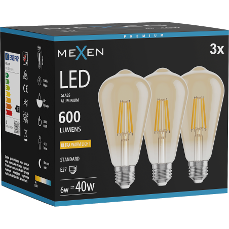 Mexen Vintis 3x Ampoule filament LED E27, ST64, 6W, Chaude - 2200K, 600 lm, ambre - L152-E27-0622-50x03