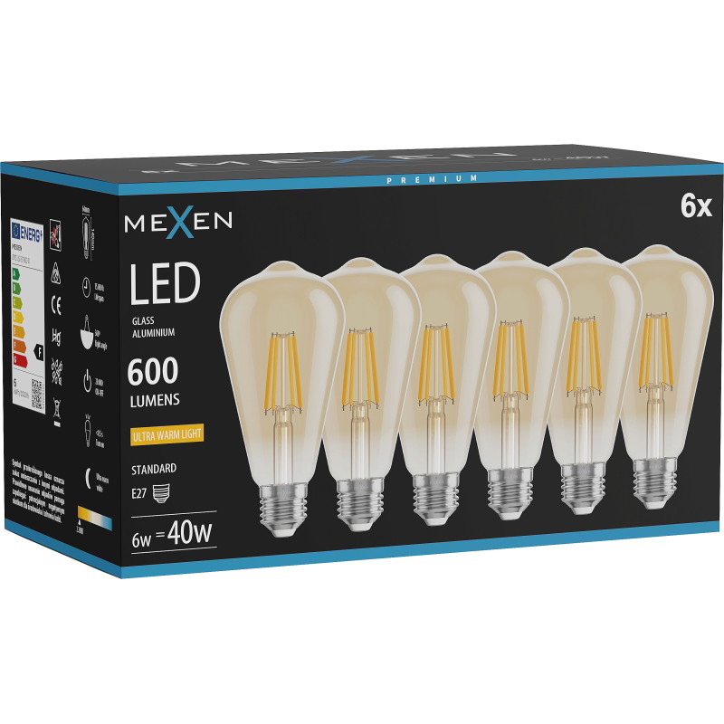 Mexen Vintis 6x Ampoule filament LED E27, ST64, 6W, Chaude - 2200K, 600 lm, ambre - L152-E27-0622-50x06