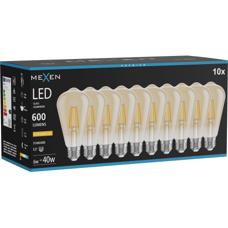 Mexen Vintis 10x Ampoule filament LED E27, ST64, 6W, Chaude - 2200K, 600 lm, ambre - L152-E27-0622-50x10